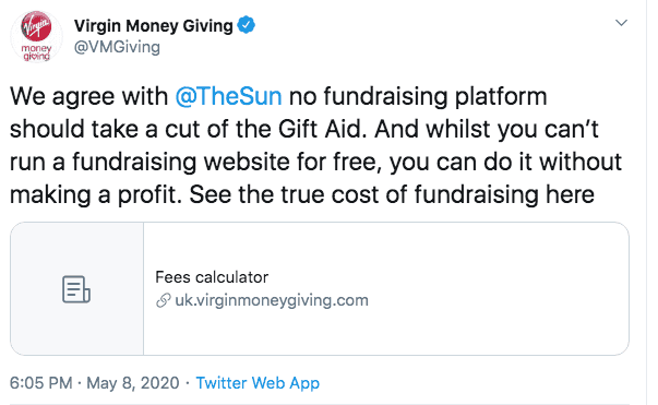 Virgin Money Giving back The Sun's criticism of JustGiving